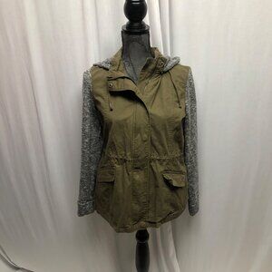 Love Tree Utility Jacket Womens Size Large Olive Green Gray Hooded Long Sleeve